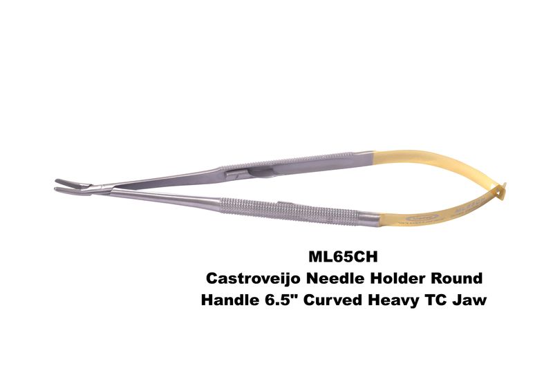 Castroviejo Needle Holder 6.5" Curved HEAVY TC Jaws Round Handles