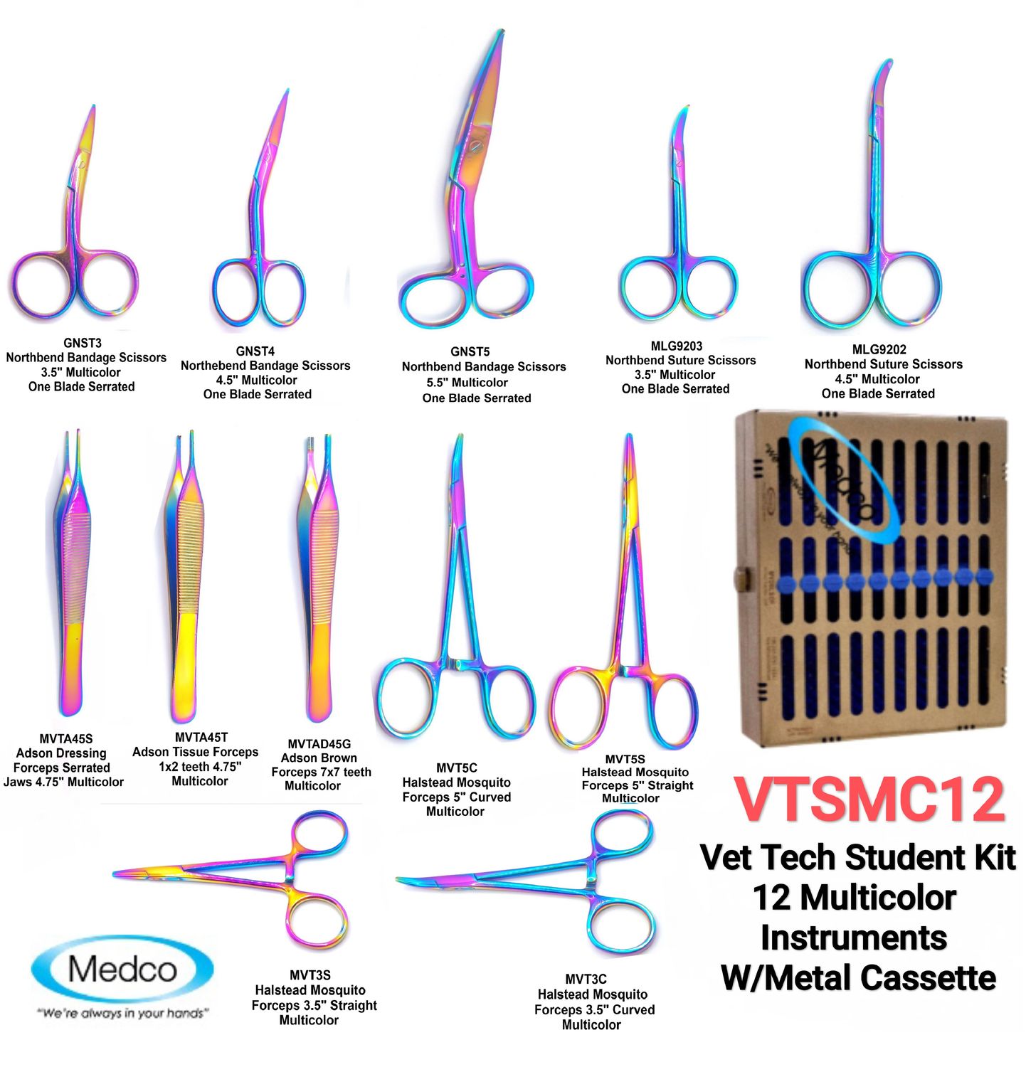 Vet Tech Student Kit Multicolor 12 with Metal Case