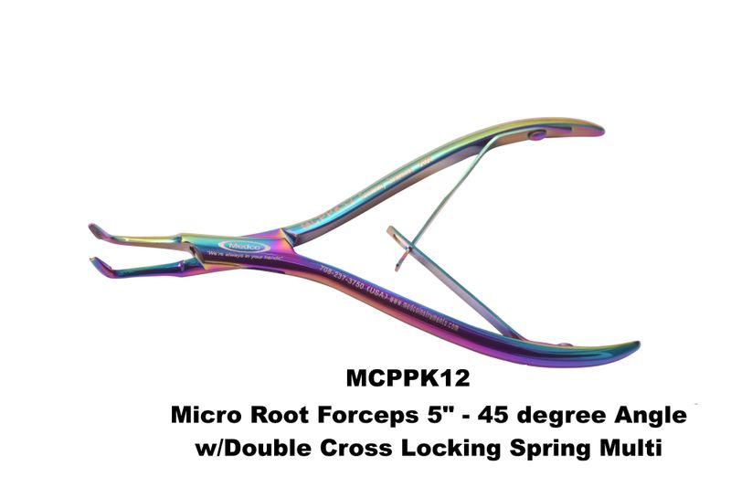 Micro Root Forceps Multicolor 5" 45 Degree Angle Double Locking Springs