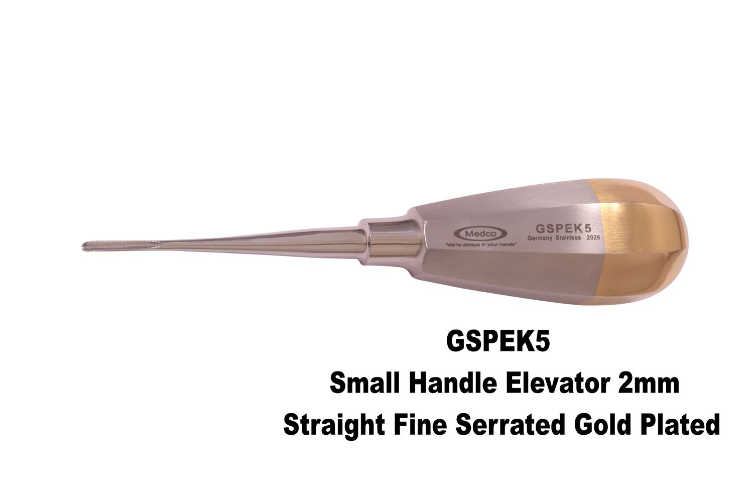 Small Handle Elevator 2mm Straight Fine Serrations Gold Handle