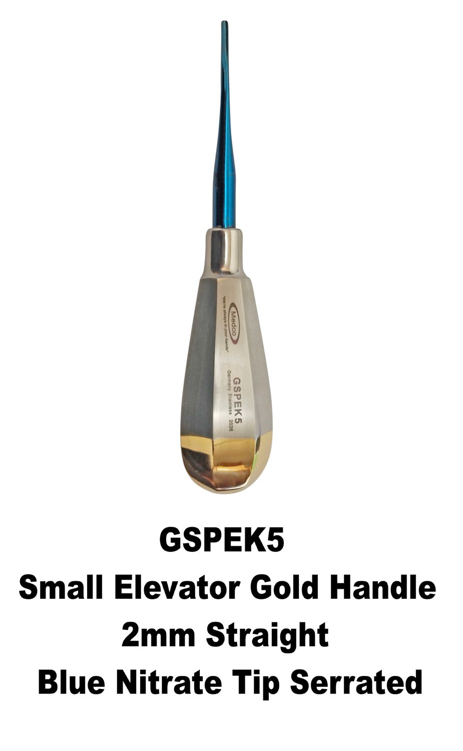Small Elevator Gold Handle 2mm Straight Blue Nitrate Tip Fine Serrations