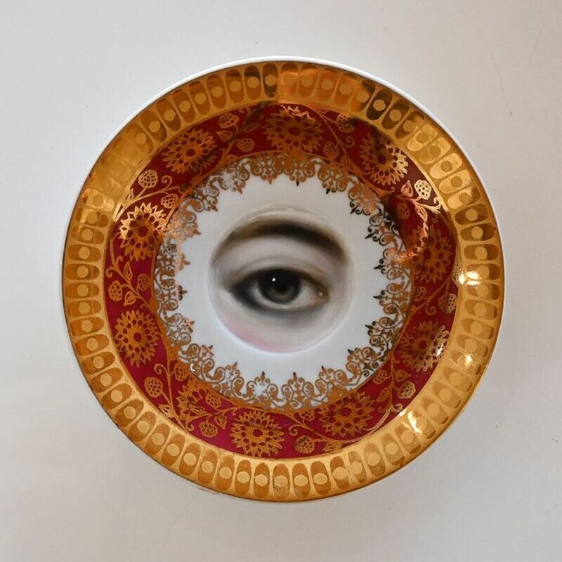 Lover's Eye Painting on a Deep Pink and Gold Plate