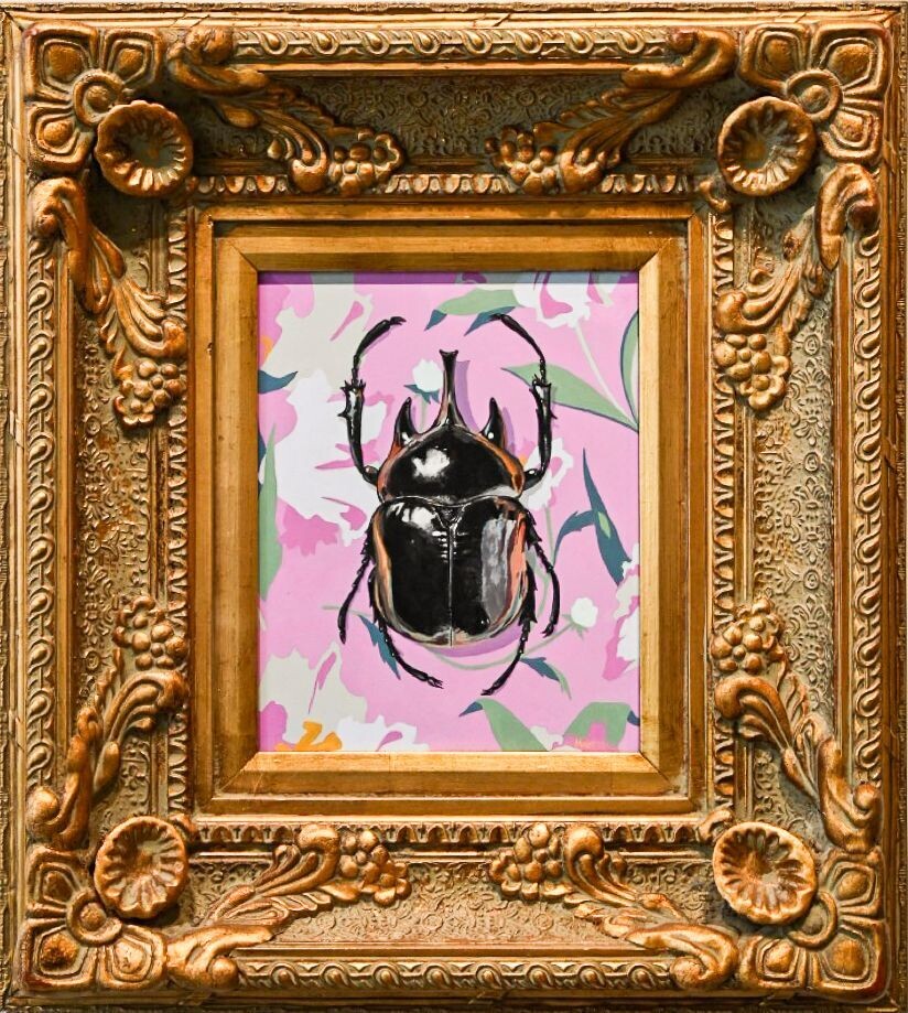 Rhino Beetle on Pink Floral