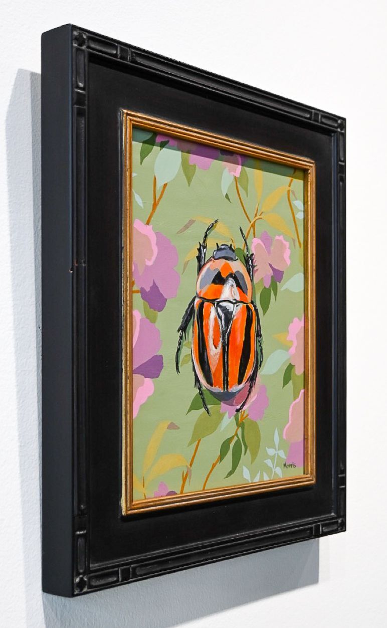 Orange and Black Beetle on Green Floral