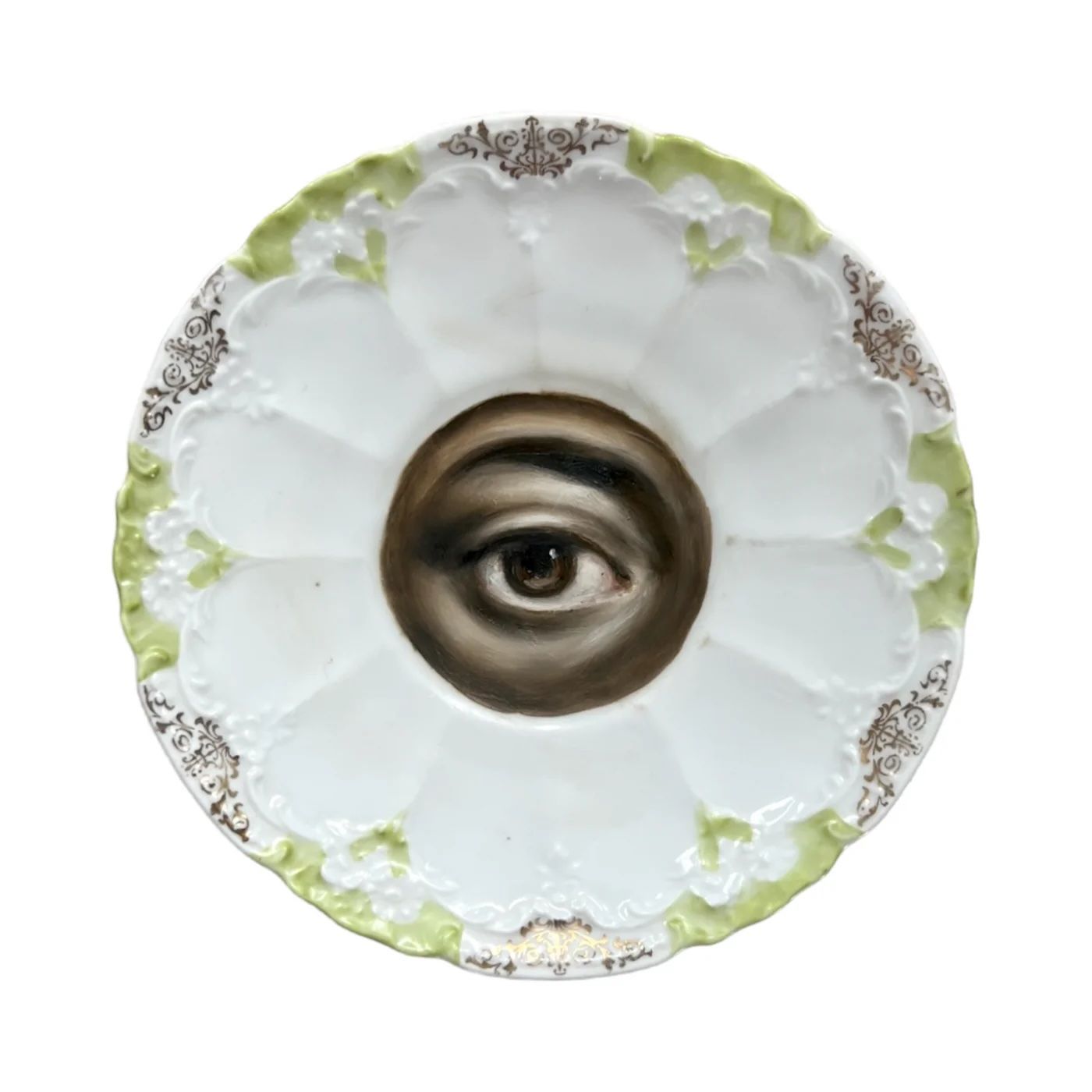 NO. 1197 LOVER'S EYE PAINTING ON A GREEN & GOLD GERMAN PORCELAIN PLATE