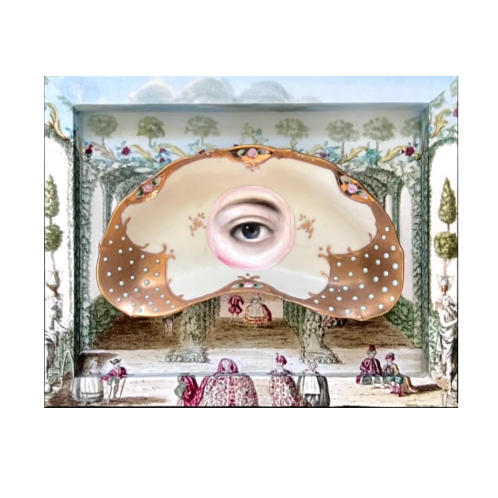NO. 1879 LOVER'S EYE PAINTING ON A CREAM & GOLD CRESCENT PLATE