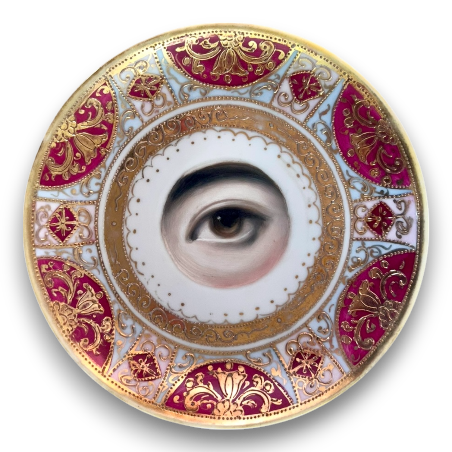 No. 2761 Lover's Eye Painting on a Magenta and Gold Plate