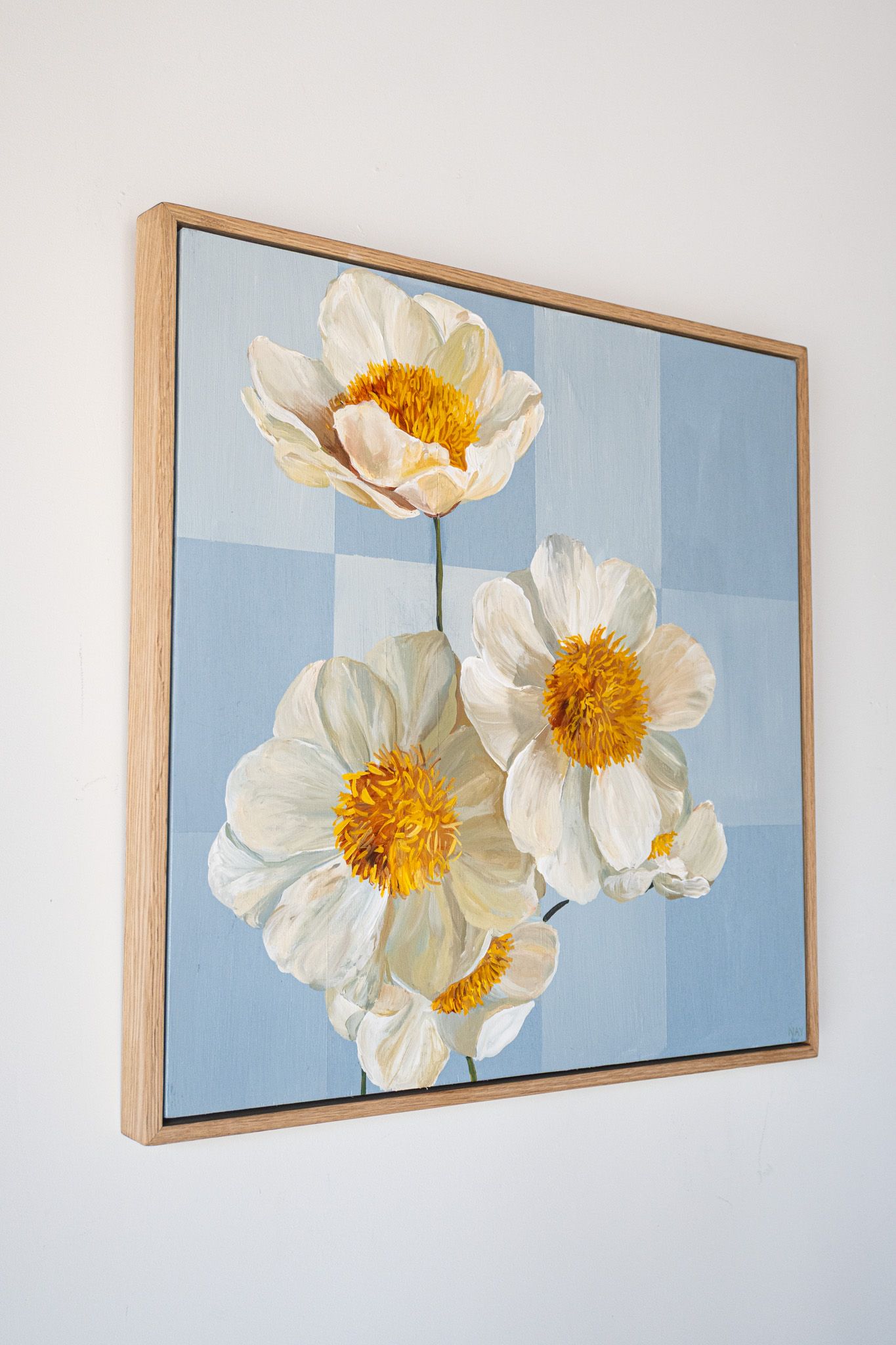 White Peonies on Blue