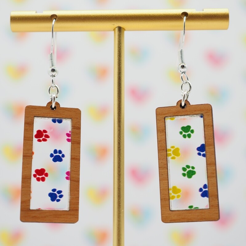 Rainbow Paw Prints Rectangle Earrings