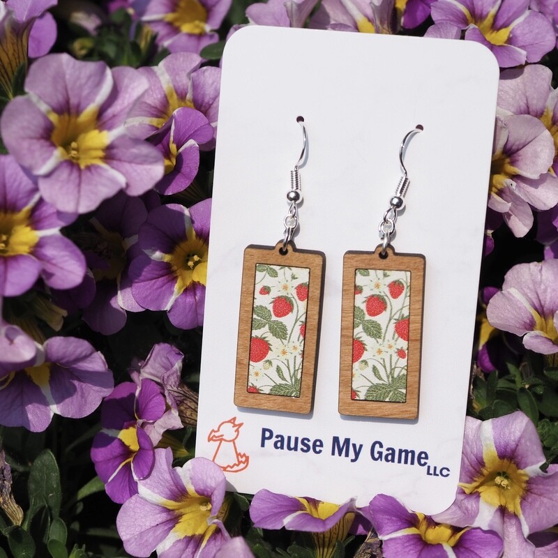 Strawberry Plants Wood Framed Earrings