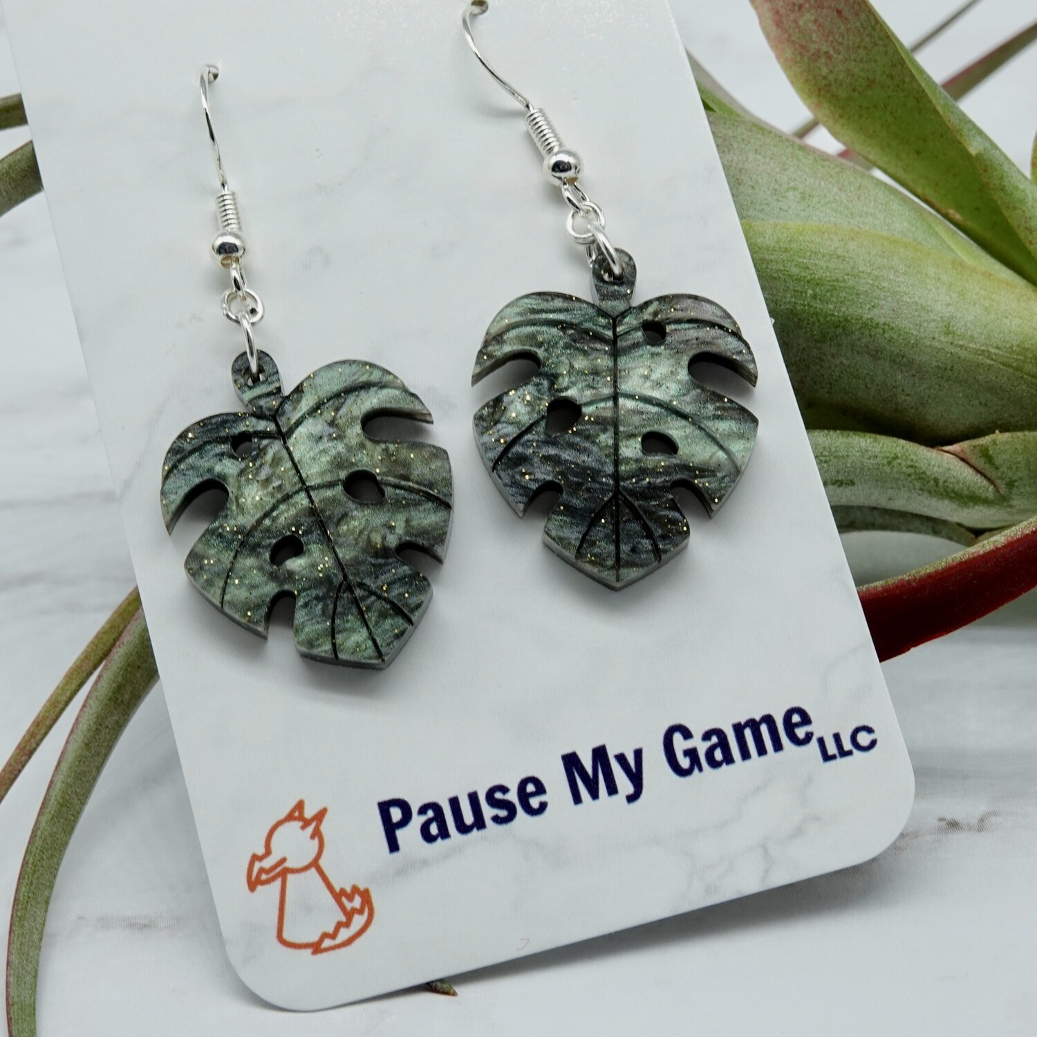 Monstera Leaf Earrings (Two Color Choices), Color Choice: Green Swirl