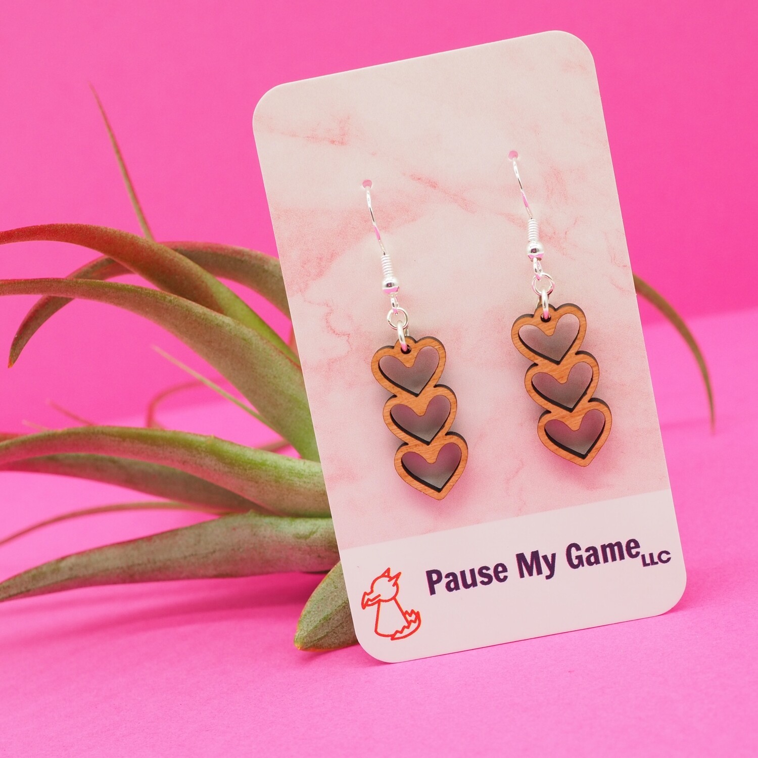 Triple Hearts Wood Earrings