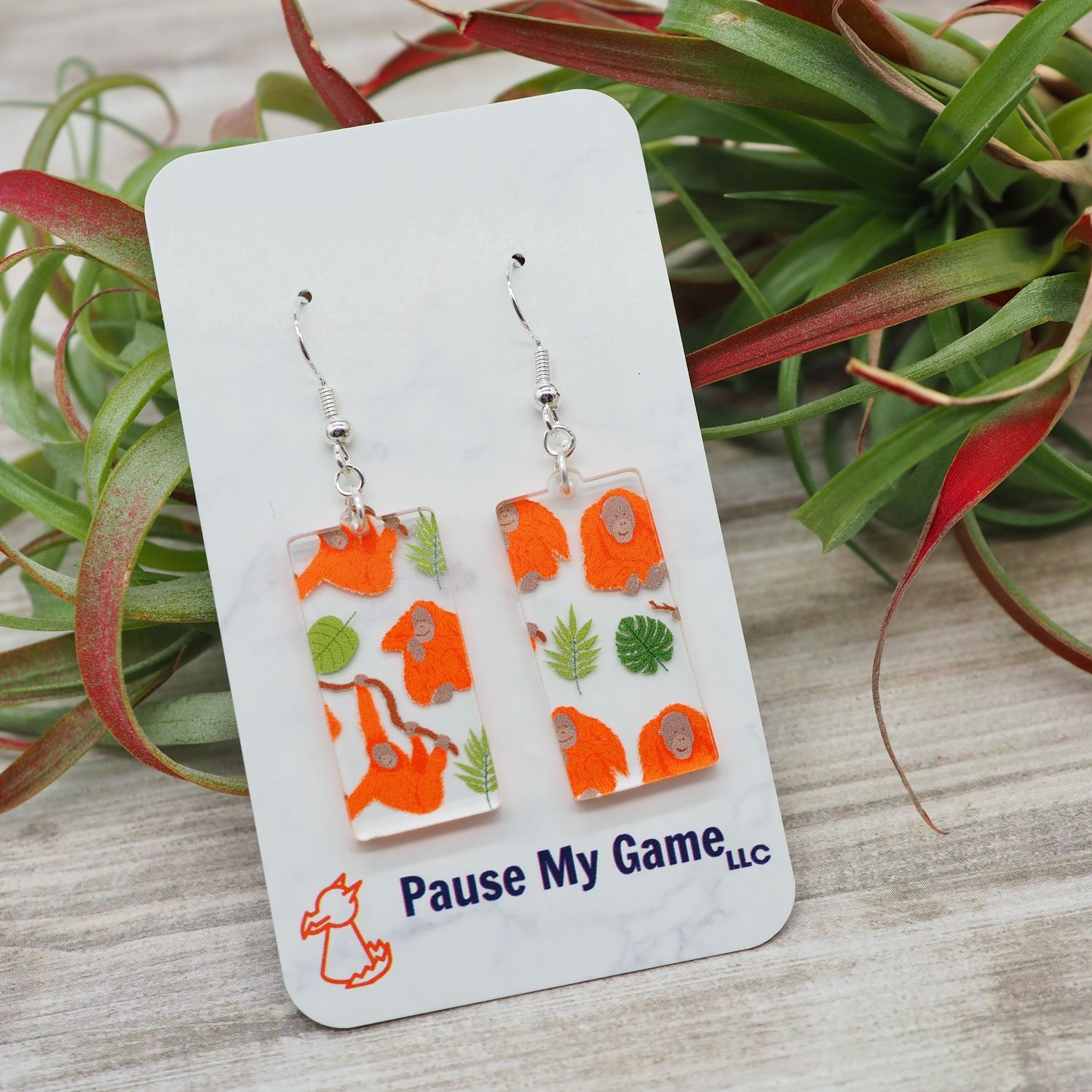 Orangutan and Tropical Leaf Earrings
