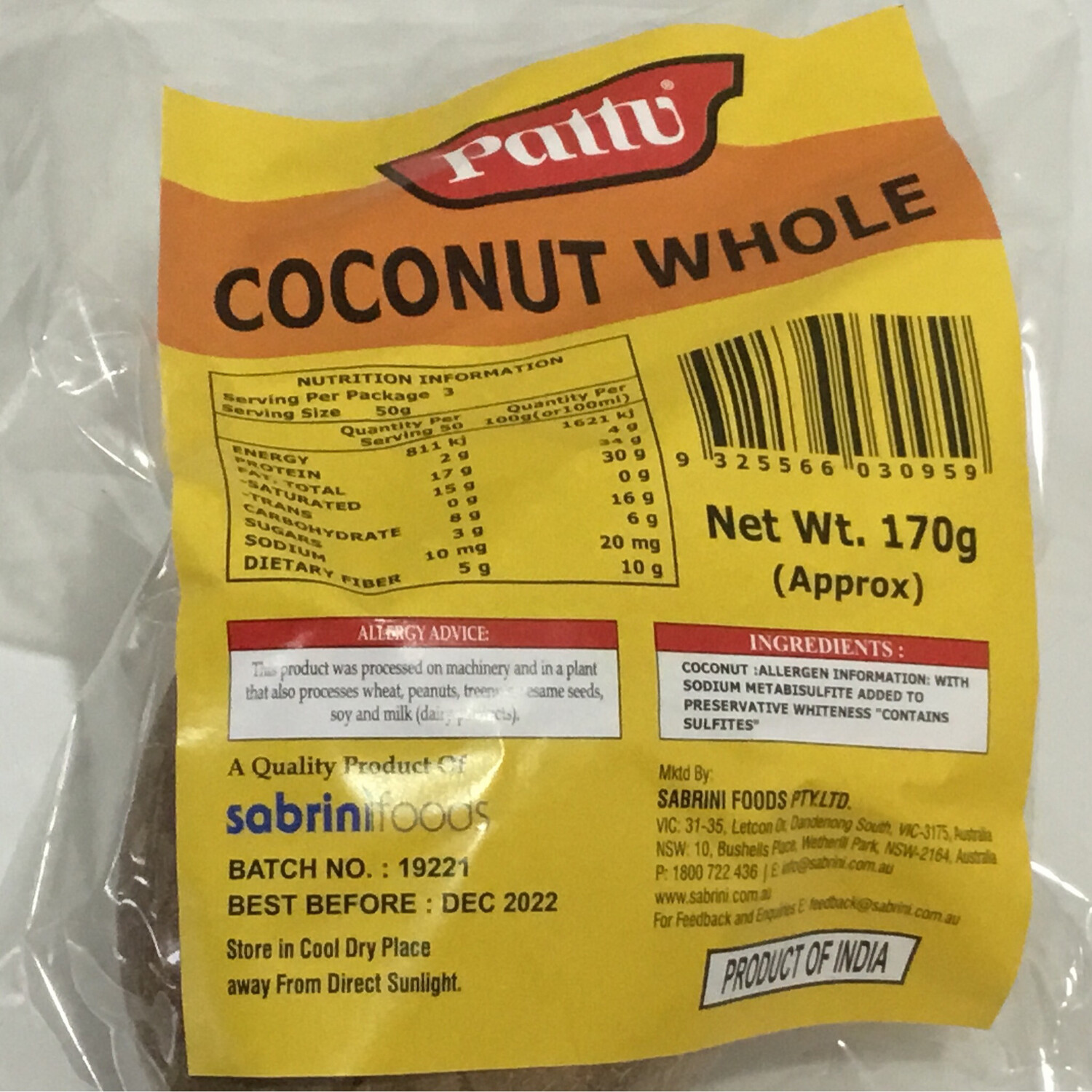 PATTU DRY COCONUT WHOLE APPROX 170 GMS