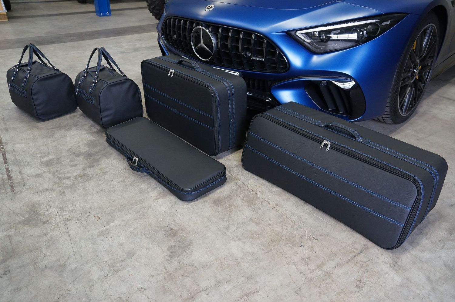 Roadsterbag luggage set Mercedes SL R232 leather with blue stitching (5-pcs)