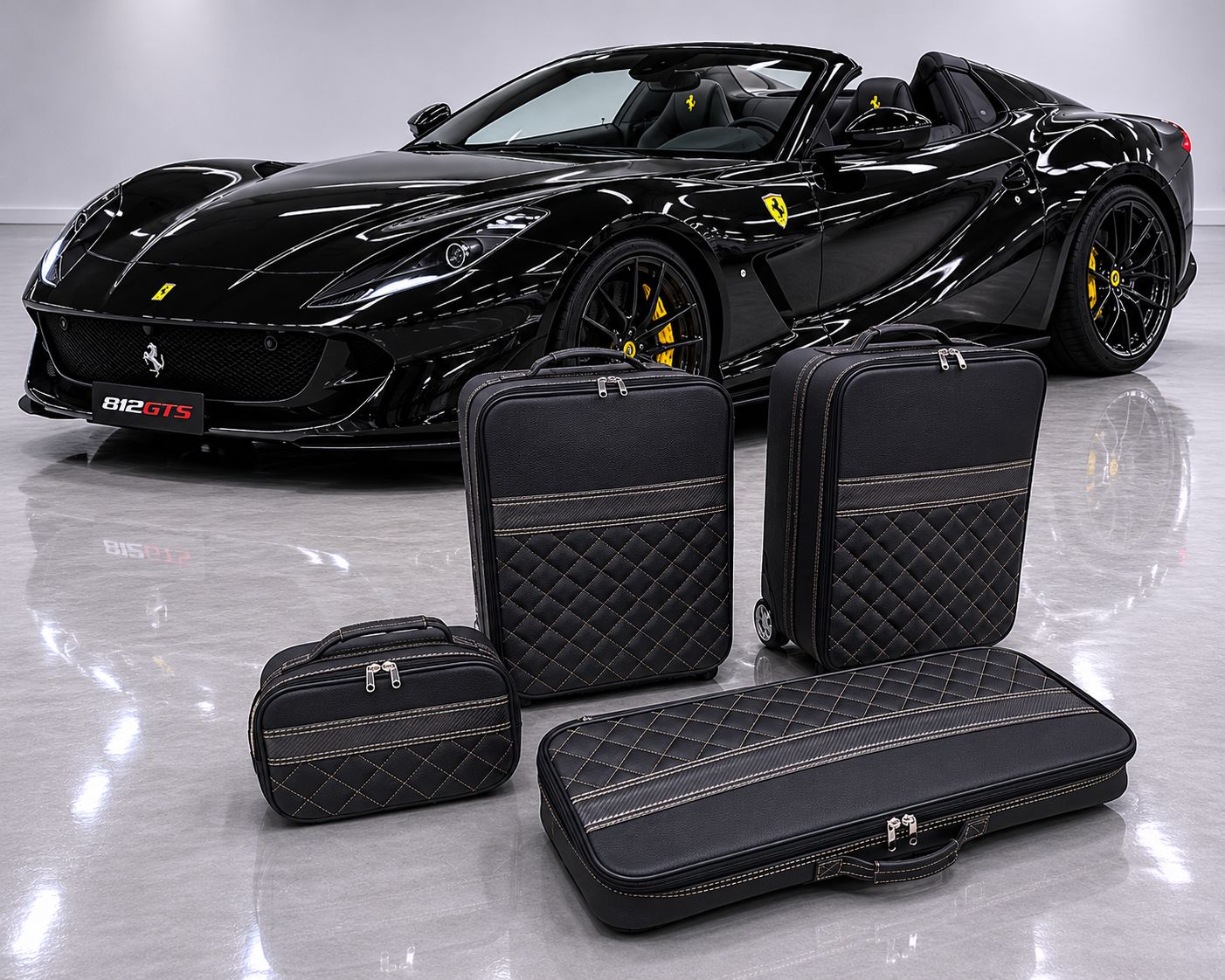 Roadsterbag luggage set Ferrari 812 GTS (4-pcs) Nero Leather + Diamond stitching Roadsterbag luggage set Ferrari 812 GTS (4-pcs) Nero Leather + Diamond stitching
