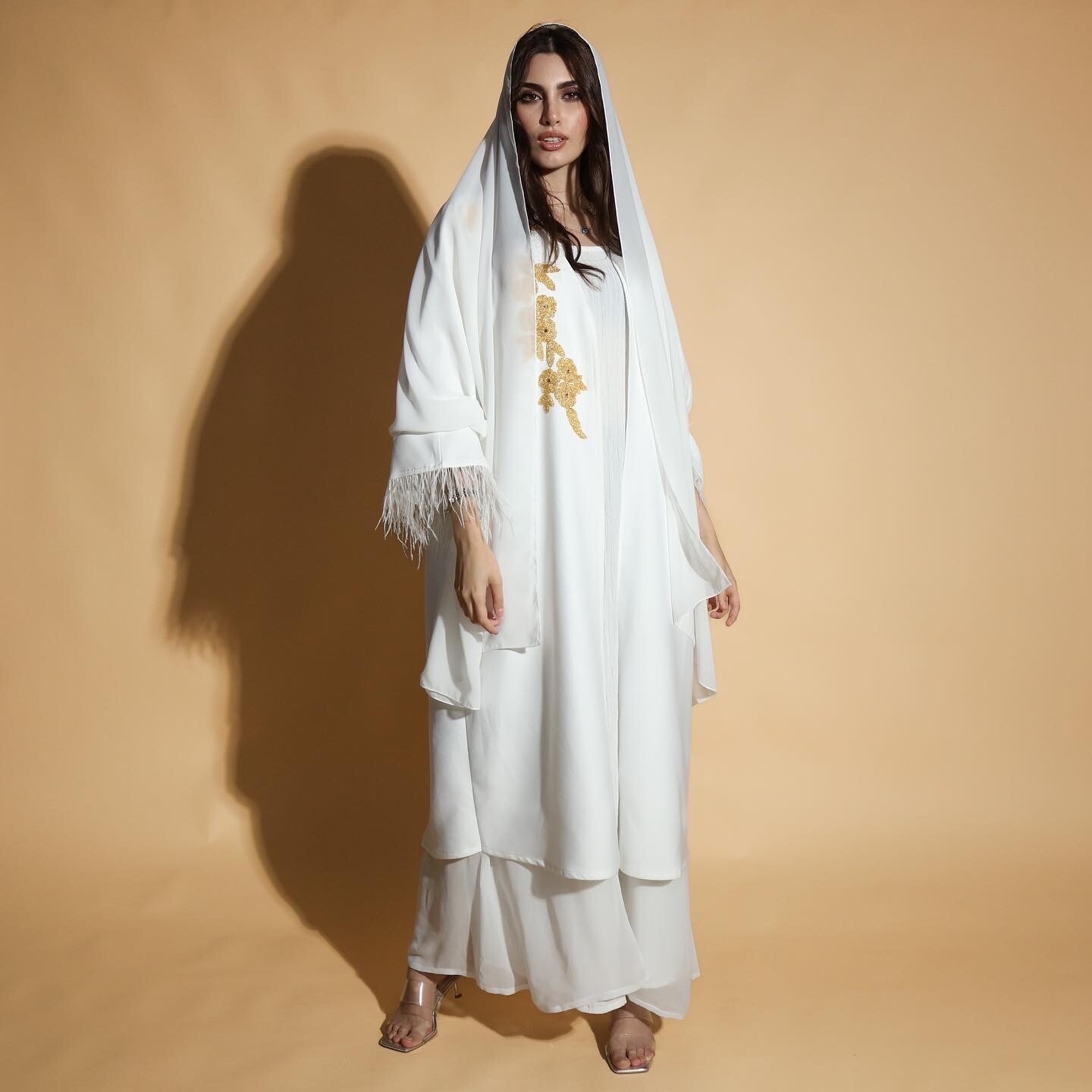 White Embroidered Abaya With Feather Sleeves & Scarf