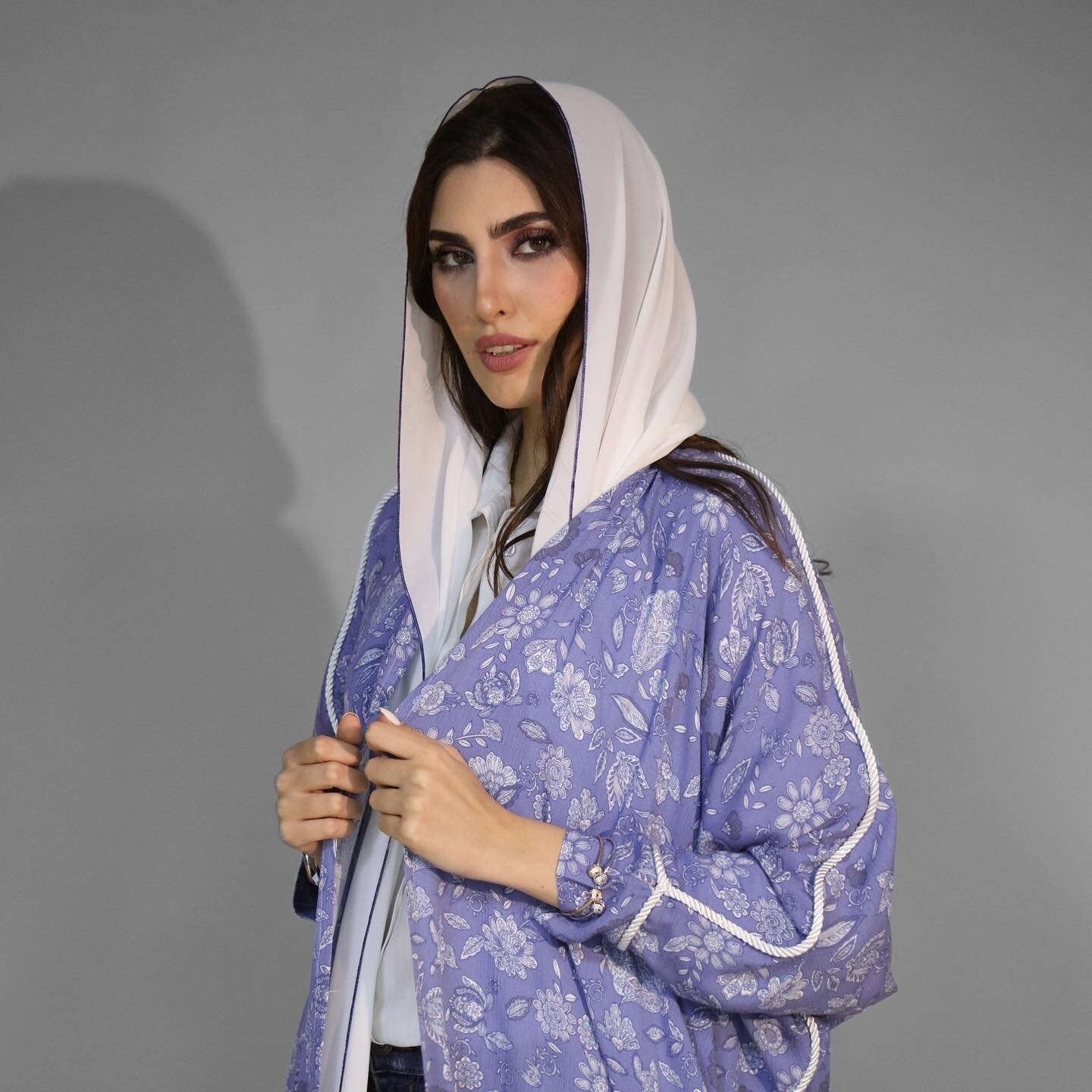 Blue Floral Abaya With White Scarf