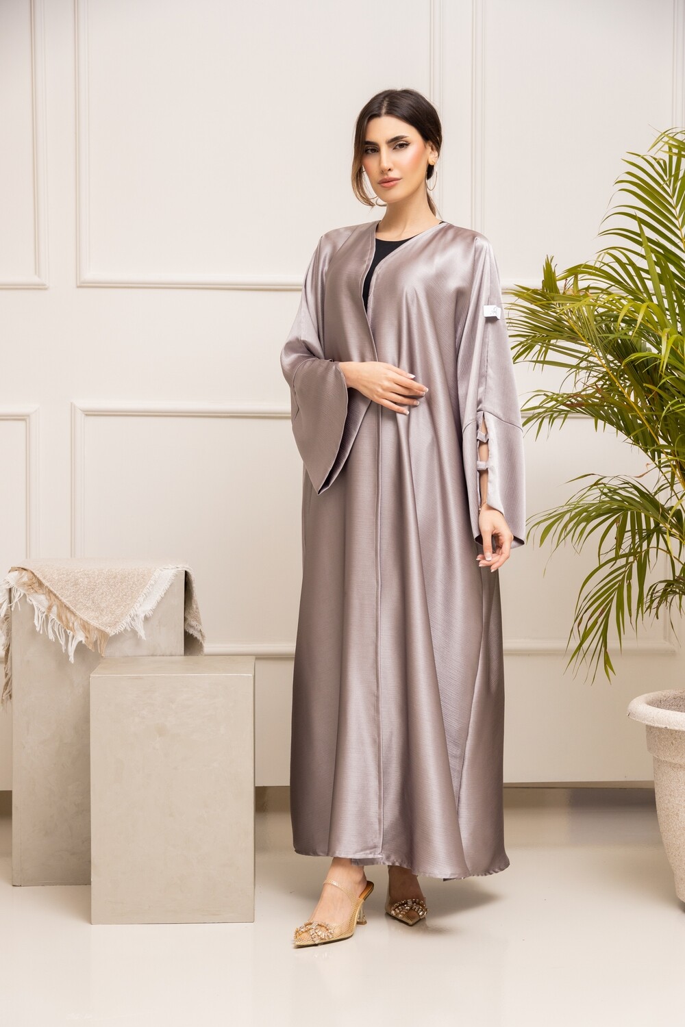 Silky Gray Abaya With Scarf