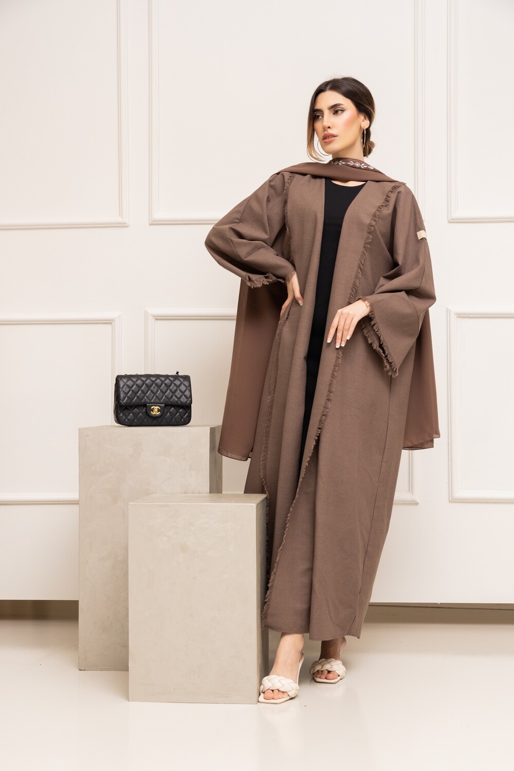Brown Abaya With Embroidered Scarf