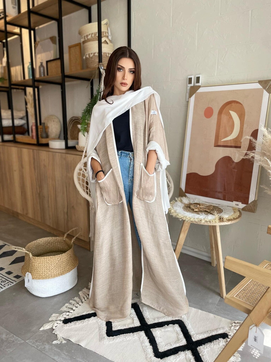 Casual Beige Abaya With Scarf