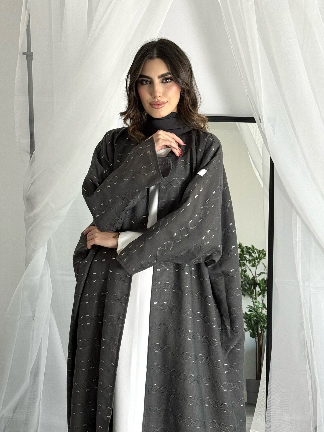Gray Linen Abaya With Scarf
