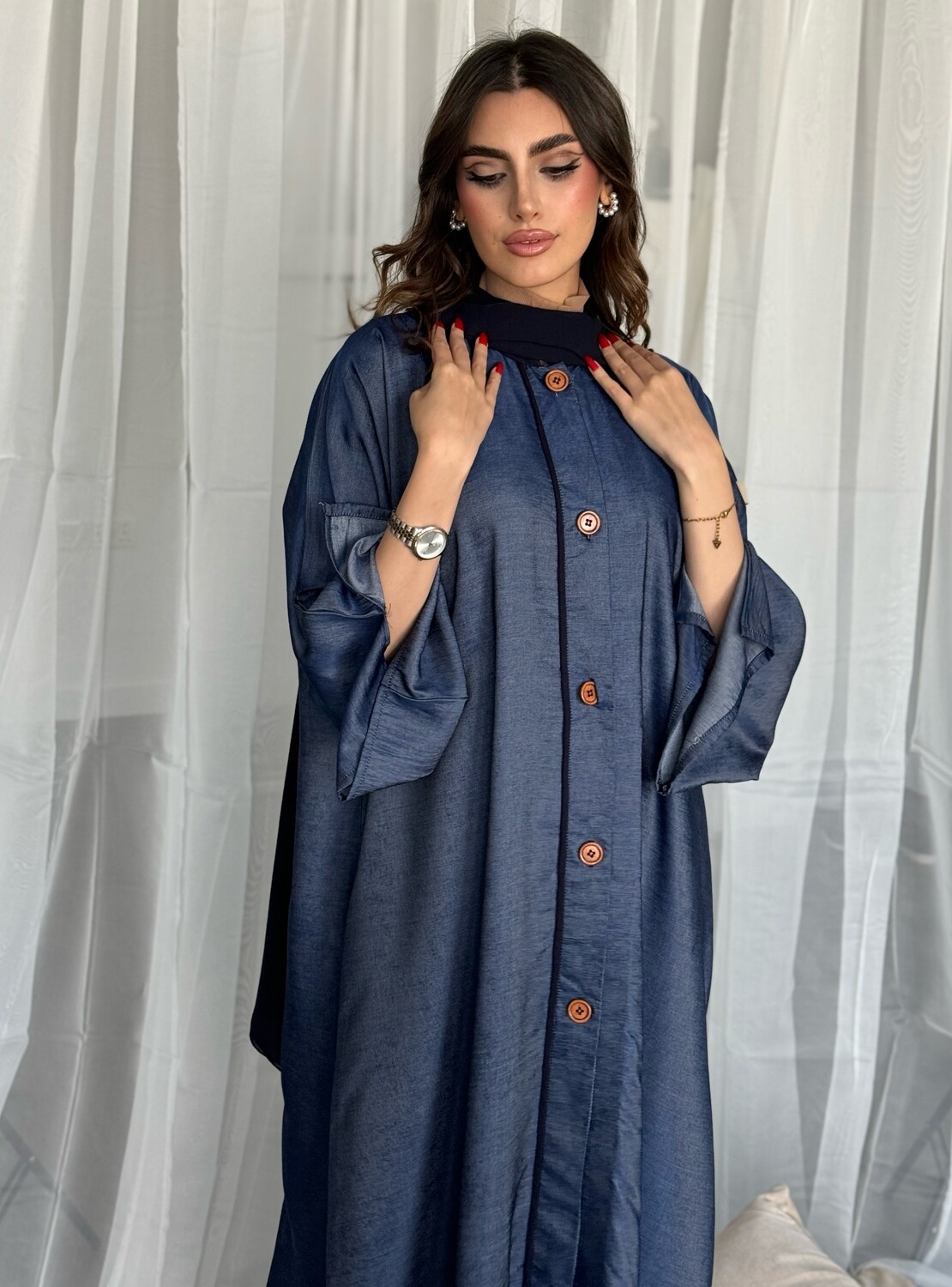 Denim Buttoned Abaya With Scarf