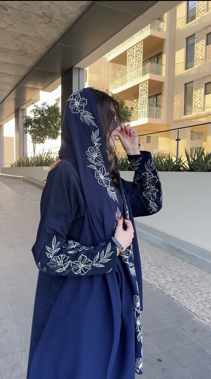 Navy Embroidered Abaya With Scarf