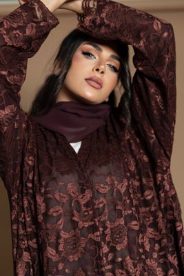 Maroon Lace Abaya With Scarf