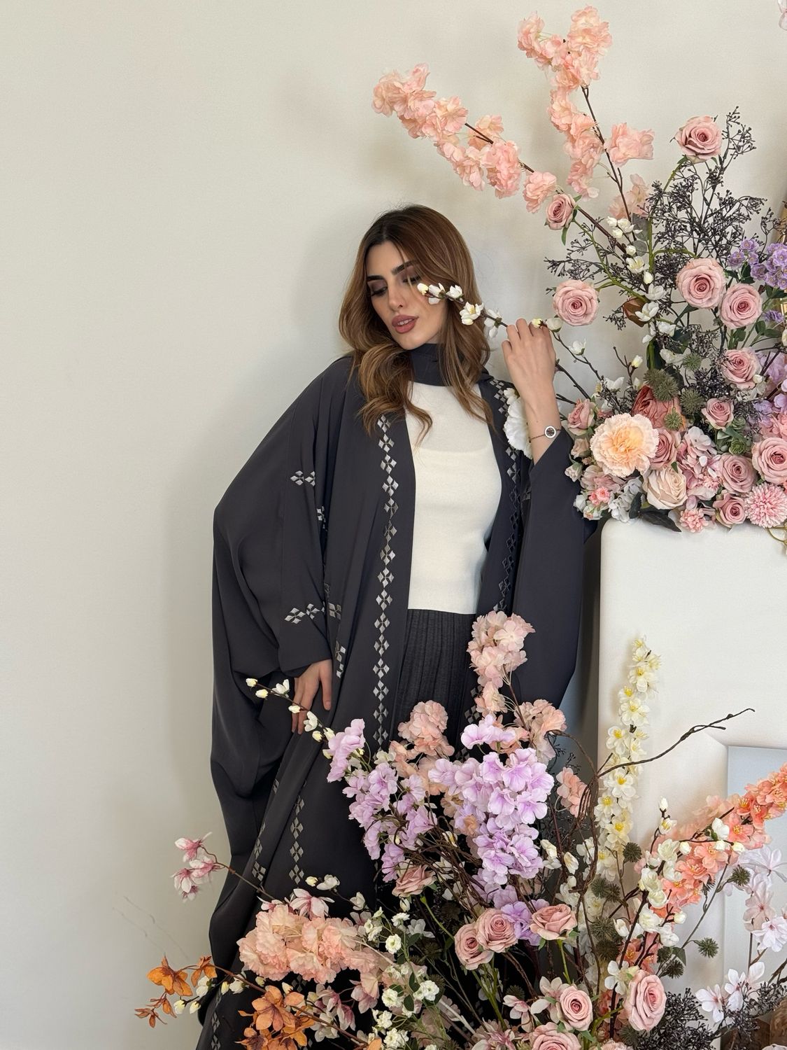 Gray Embroidered Abaya With Scarf