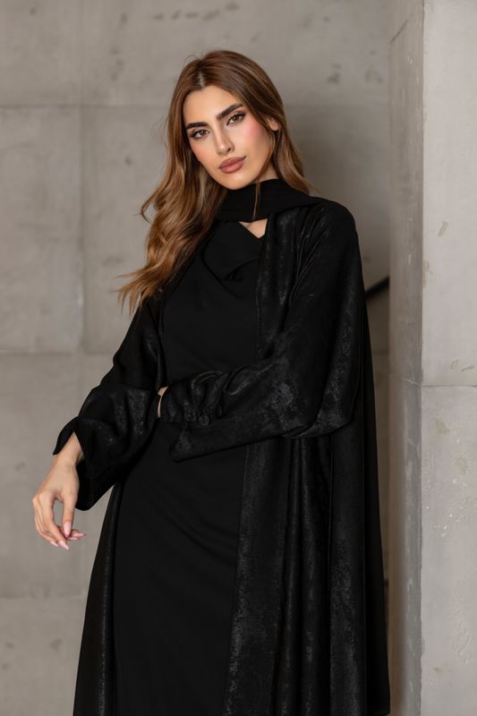 Black Metallic Abaya With Scarf