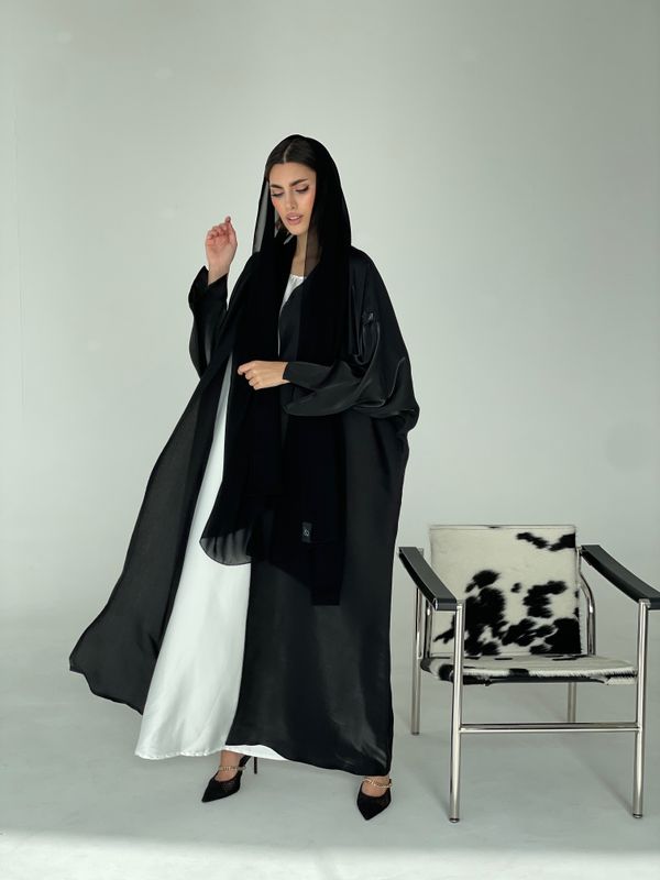 Black Shiny Abaya With Scarf