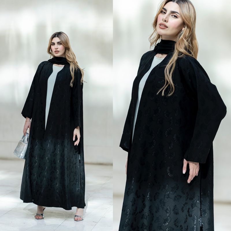 Black Floral Abaya With Scarf