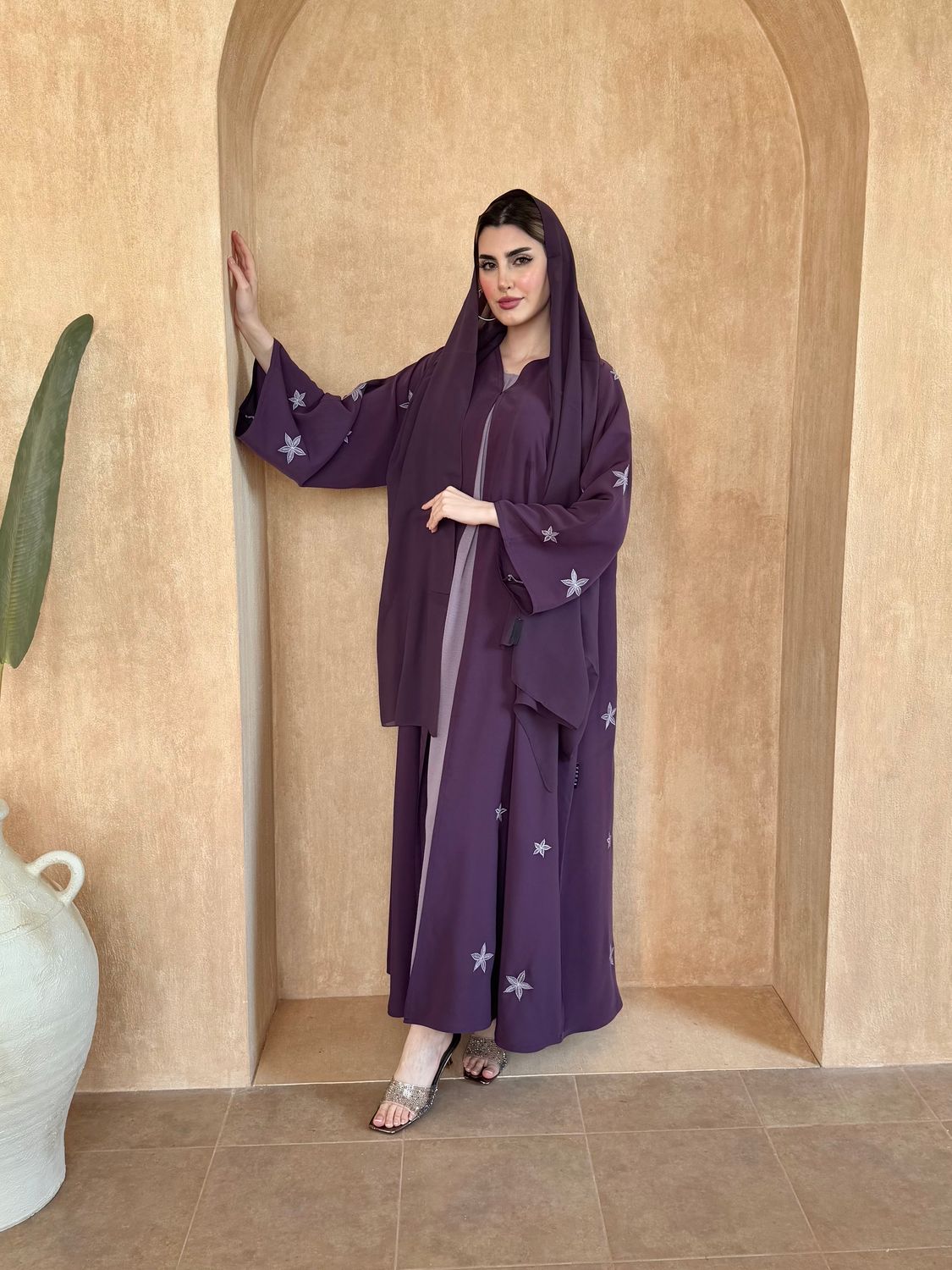 Purple Embroidered Abaya With Scarf
