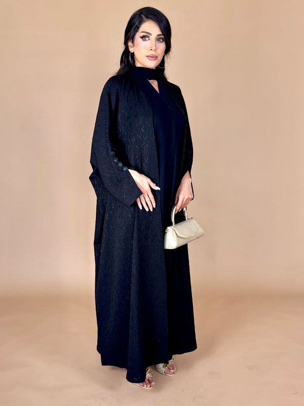 Black Floral Abaya With Scarf