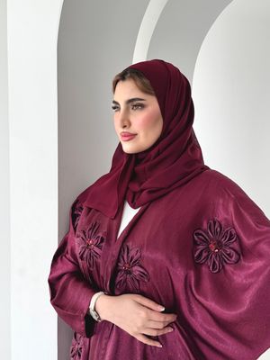 Satin Flower Abaya With Scarf
