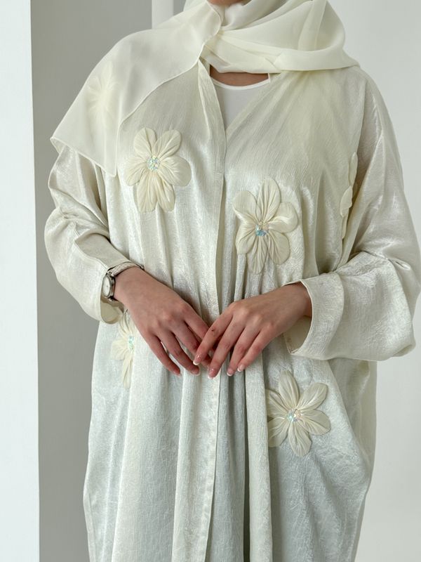 Satin Flower Abaya With Scarf
