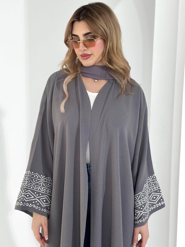 Gray Embroidered Abaya With Scarf