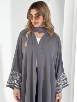 Gray Embroidered Abaya With Scarf