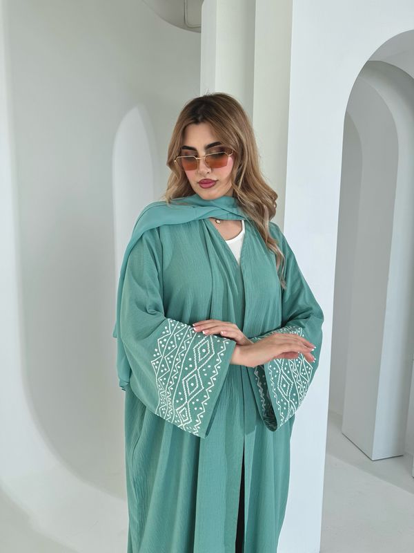 Turquoise Embroidered Abaya With Scarf