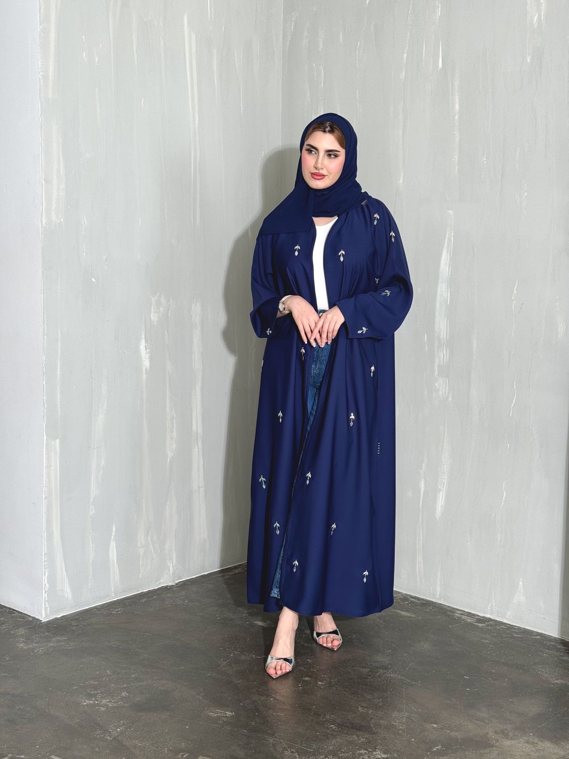 Navy Embellished Abaya With Scarf