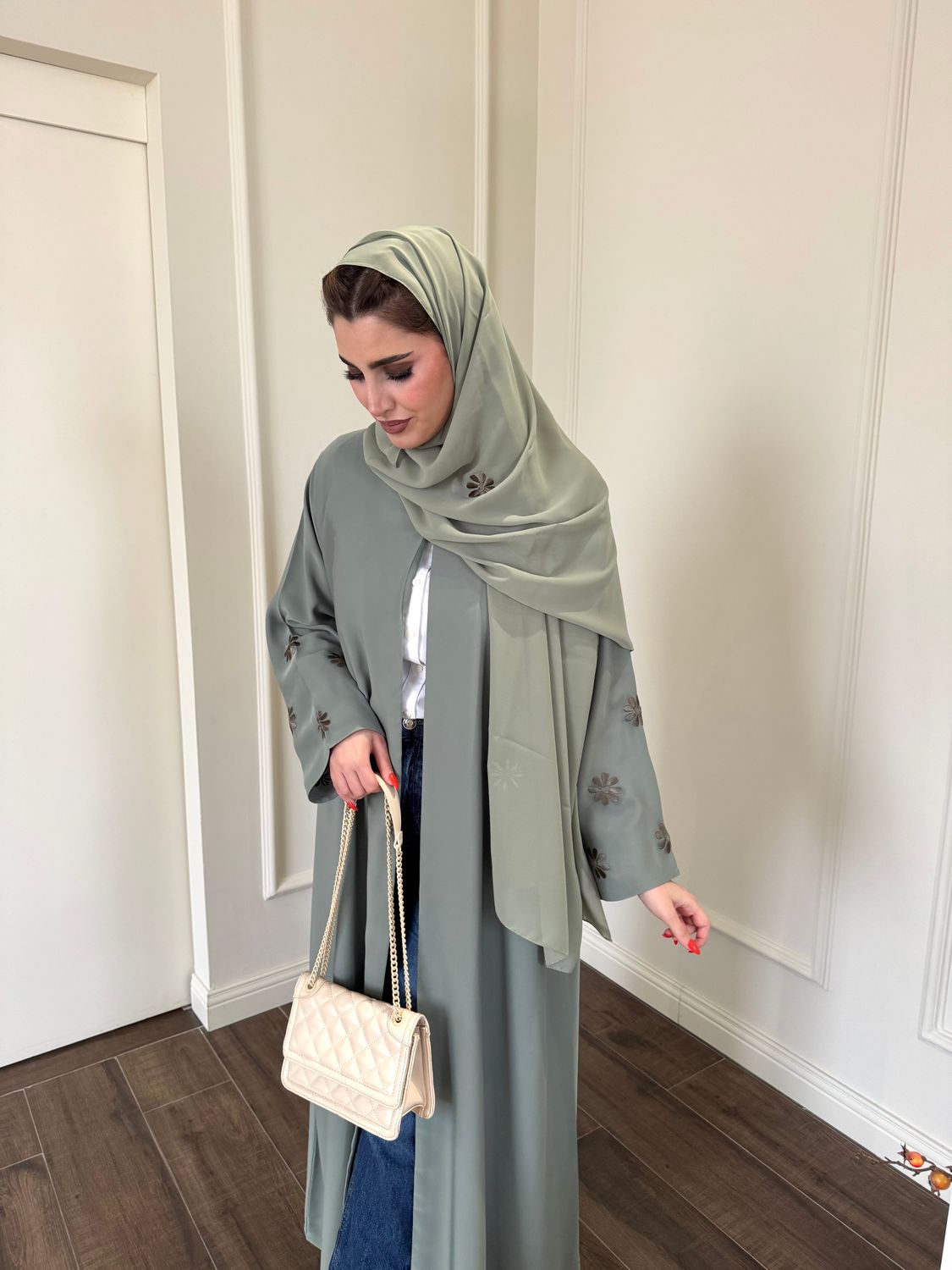 Sage Green Embroidered Abaya &amp; Scarf Set