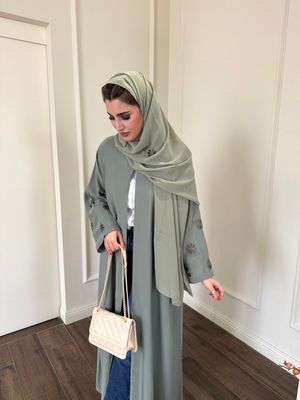Sage Green Embroidered Abaya &amp; Scarf Set