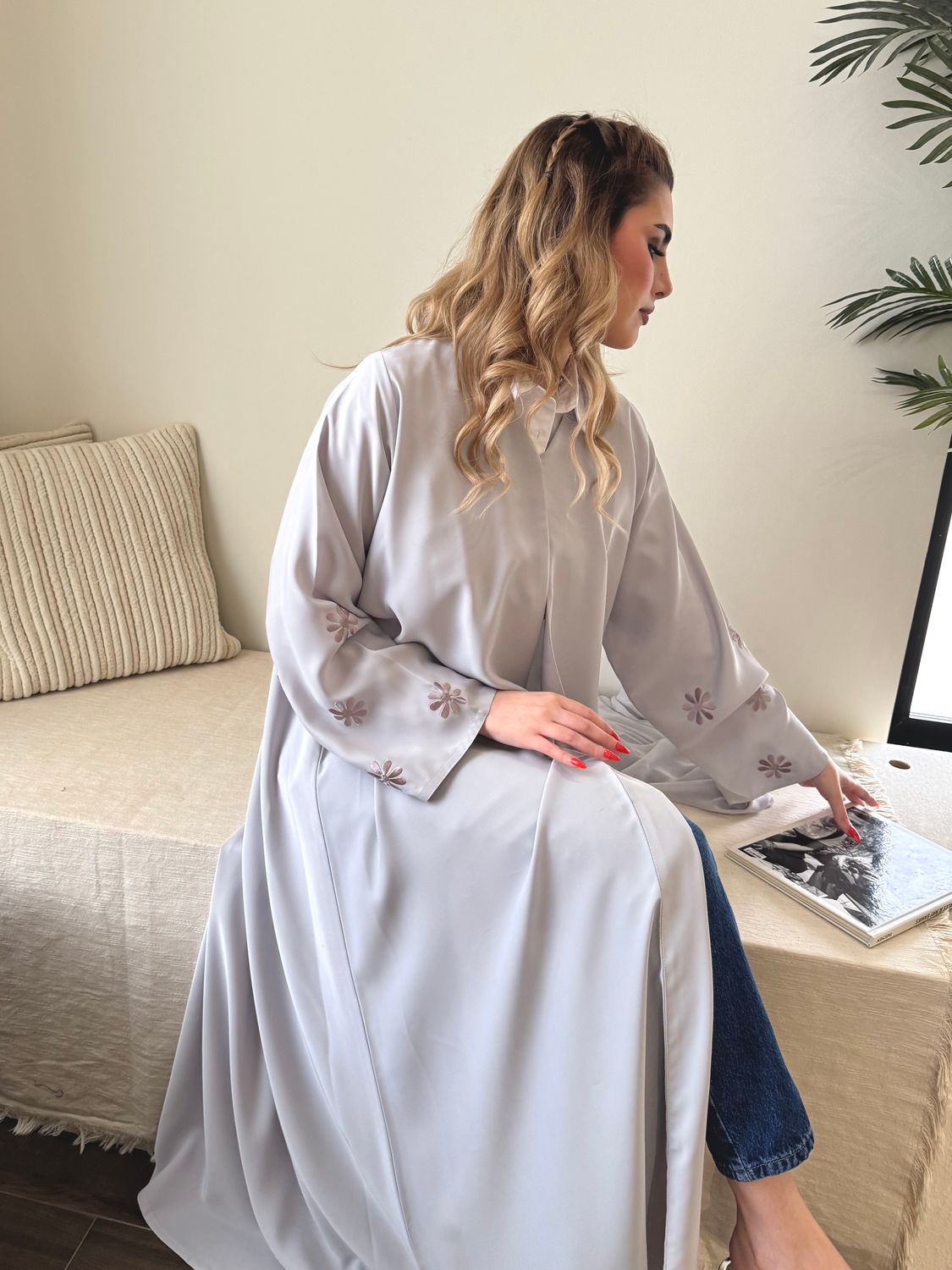 Light Gray Embroidered Abaya &amp; Scarf Set