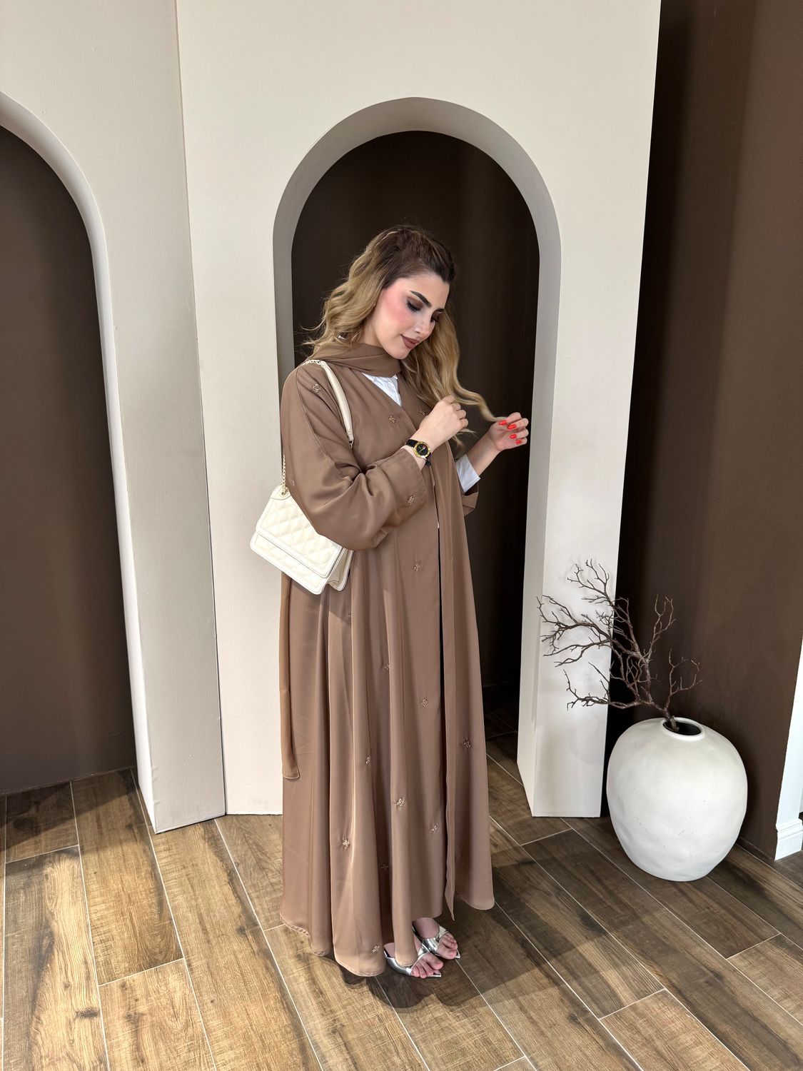 Beige Embroidered Abaya With Scarf