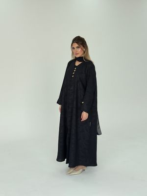 Navy Jacquard Abaya with Starfish Button – Elegant Touch