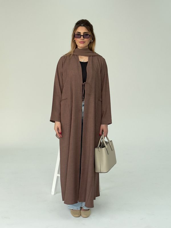 Brown Winter Abaya with Chest Bow – Cozy Elegance