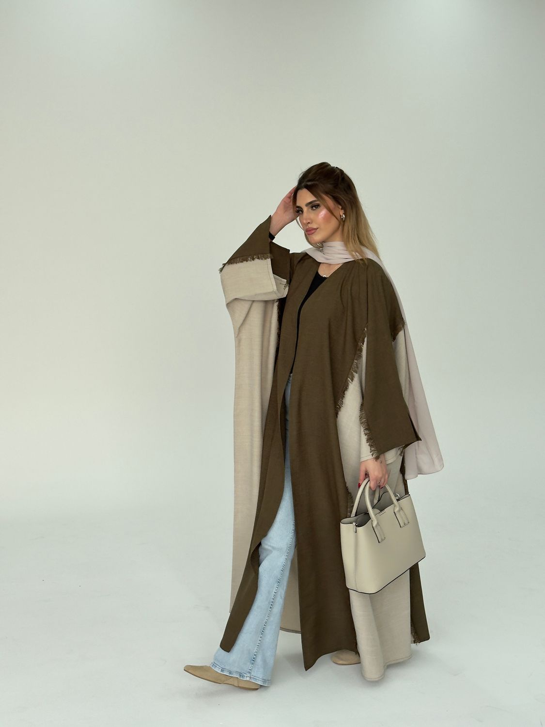 Olive and Beige Abaya – Elegant Two-Tone Harmony