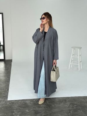 Gray Winter Abaya with Chest Bow – Cozy Elegance