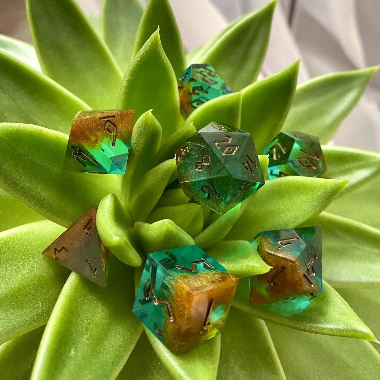 DnD Dice Set | Rusty Emerald | DnD Handmade Resin Sharp Edge Dice by Fantasy Minis